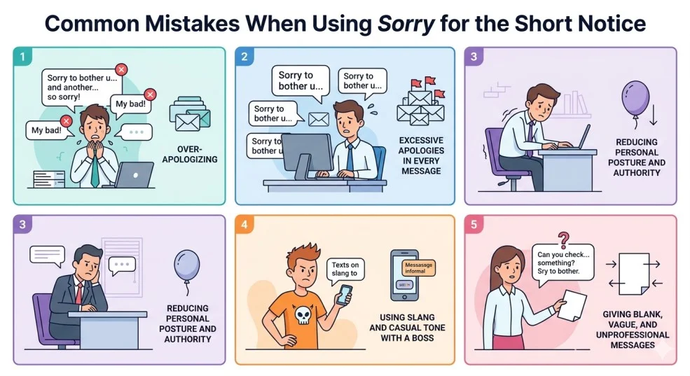 Common Mistakes When Using “Sorry for the Short Notice”
Over-apologizing
Example: I’m so, so sorry for the short notice.
Not explaining the reason
Example: Sorry for the short notice. (No context given.)
Using casual tone in formal emails
Example: Sorry for the last-minute thing!
Blaming others indirectly
Example: Sorry for the short notice, but they told me late.
Forgetting appreciation
Example: Only apologizing without thanking them for flexibility.
write decription in english